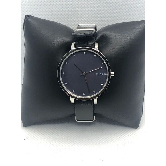 Skagen SKW2582 Women's Black Leather Analog Blue Dial Quartz Genuine Watch OL37 - Picture 1 of 9